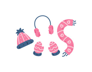beanie hat, gloves, scarf and winter earmuffs. clothes, outfits, accessories. collection or set of winter or Christmas elements. cartoon and flat illustration design. Vector
