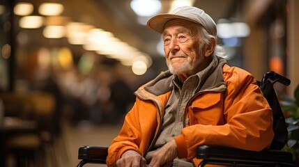 Thoughtful senior in wheelchair amidst city lights