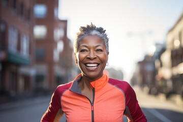 Fototapeta premium Smiling Yearold African Woman Running Outside On Sunny Day. Сoncept Nature-Inspired Photoshoot, Serene Landscape Portraits, Candid Moments In The Golden Hour, Adventure-Themed Outdoor Shoot