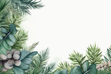 Watercolor With Christmas Fir Branches And Text Space