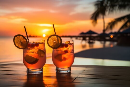 Summer Cocktails On Luxury Beach Resort At Sunset