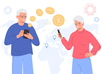 Elderly man and woman send and receive money via a smartphone app. Money transfer. Online money transfer concept.