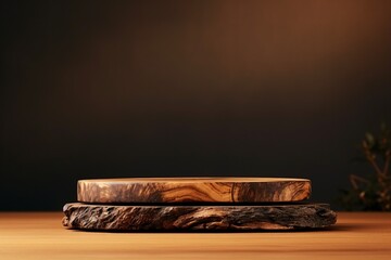 Rustic wood podium display for food, perfume, jewellery and cosmetic products on dark brown background. Front view. generative ai.