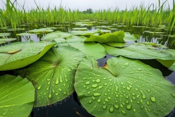water droplets on wide lotus leaves in a wetland - obrazy, fototapety, plakaty