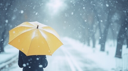 Wide panoramic banner image of a lady backward to camera holding yellow umbrella, walking on a road in cold day in winter, wearing a jacket and white snow around. 