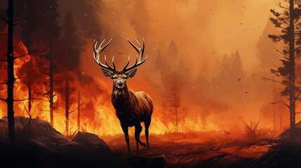 Deer against a flaming woodland background In the midst of fire and smoke, a wild animal.