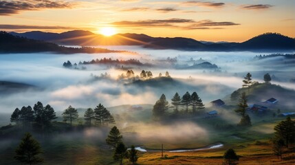 Dawn on the plateau with a beautiful sky, beneath the pine forests shrouded in fog shrouding the idyllic countryside Dalat plateau, Vietnam.