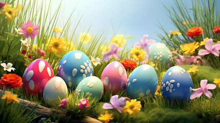 Easter eggs hiding in the grass with tulips Bright Easter eggs in green grass and butterflies against blue sky. Banner design

