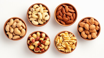 Cashew, hazelnut, almond, Brazil nut, walnut, peanut, pistachios, macadamia, and pecan nuts isolated on white backdrop with clipping path.