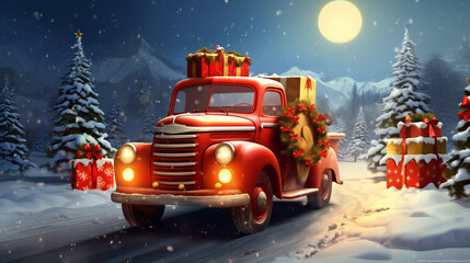 Festive green vintage truck laden with Christmas gifts and pine trees for decorating, driving through a winter snow, a greeting card design with copy space 