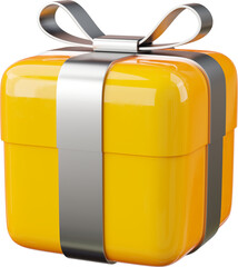 Element PNG Vibrant Yellow Plastic Gift Box, Cute 3D Rendering for Festive Decorations, Isolated Illustration of a Cheerful Present for Graphic Banners