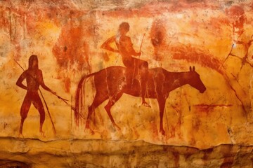 a cave painting depicting hunting scene in red ochre