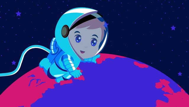 Chibi cartoon motion graphics of an astronaut joyfully floating above Earth