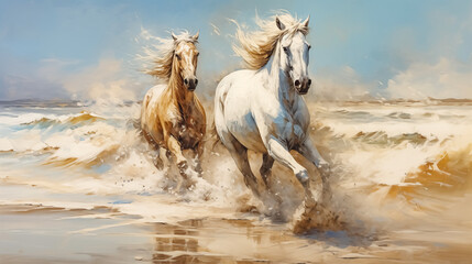 Obraz na płótnie Canvas White horses run gallop in the sea. Digital painting. Colorful background.