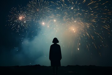 A woman watches a spectacular fireworks display.