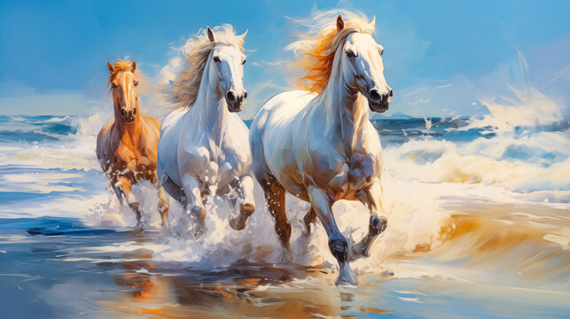 White horses run gallop in the sea. Digital painting. Colorful background.