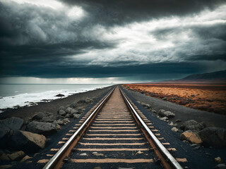 Fototapeta premium a single railway track extending straight into the horizon through a stark landscape of rocks and water