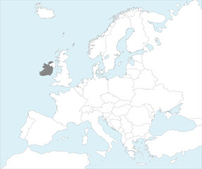 Gray CMYK national map of IRELAND inside detailed white blank political map of European continent on blue background using Mollweide projection