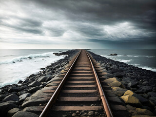 a single railway track extending straight into the horizon through a stark landscape of rocks and water