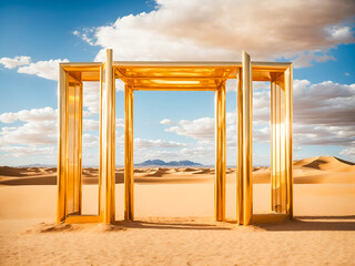 geometric golden structures resembling door frames standing in a desert