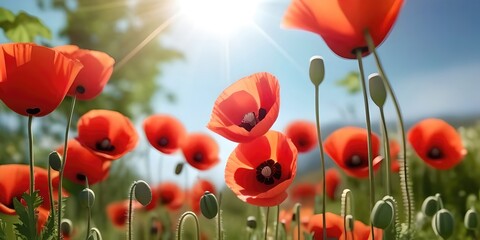 Beautiful spring summer bright natural background with colorful poppy flowers close up.