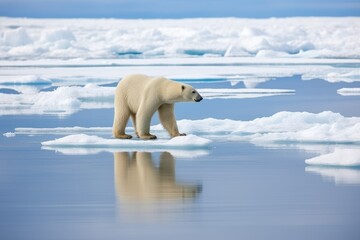 a lone polar bear walking on an ice floe