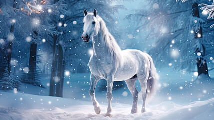 Obraz na płótnie Canvas Standing white horse in winter forest landscape. Postproducted generative AI illustration.