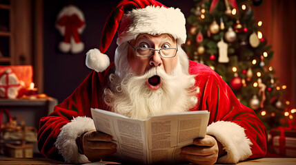  Surprised Santa Claus during reading letters from kids. Postproducted generative AI illustration.