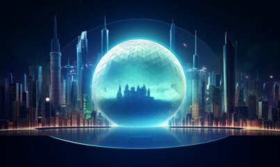 A futuristic digital city under protection. Cyber security concept as a hologram of a cityscape under a power dome.  illustration, Generative AI