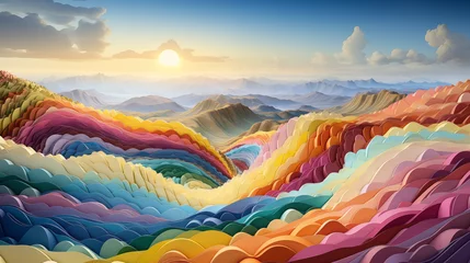 Poster Vibrant sunrise over layered, multi-colored hills creating a surreal landscape. Generative AI © Odin