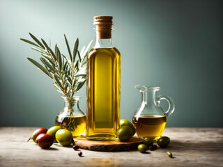 Glass bottle of olive oil with olive branch isolated on flat color wall background