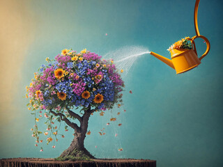 a brain-shaped tree composed of vibrant flowers being watered by a floating watering can, symbolizing growth and nurturing of the mind.