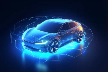 Fotobehang Dome force field over the car in a futuristic polygonal style. Power protect shield concept of care and vehicle insurance against risks.  illustration with light effect and, Generative AI © Lifetouch AI