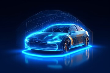 Dome force field over the car in a futuristic polygonal style. Power protect shield concept of care and vehicle insurance against risks.  illustration with light effect and, Generative AI - obrazy, fototapety, plakaty
