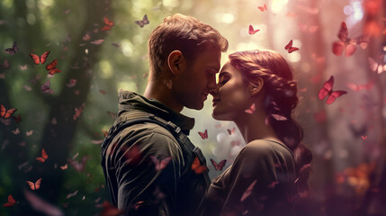 Soldier holds his beloved girl tightly, loving couple surrounded by fluttering butterflies on nature background, joy of soldier reuniting alive from war, loving family reunion after horrors of war - obrazy, fototapety, plakaty