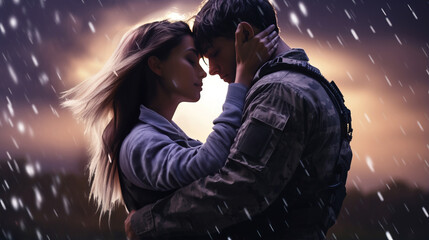 Soldier holds his beloved girl tightly, loving couple under blurry drops of rain and snow, romantic backlit, joy of soldier reuniting alive from war, loving family reunion after horrors of war - obrazy, fototapety, plakaty