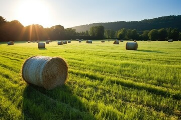 circular hay bales in a sunlit summer meadow