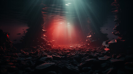 Underwater ravine illuminated by ethereal light beams with fish swimming amidst rocky terrain. Generative AI - obrazy, fototapety, plakaty