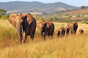 march of the elephant herd in the african grasslands