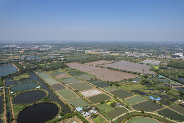 Aerial view from flying drone of Fish pond, fish farm