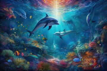 Fototapeta na wymiar beautiful sea world backdrop with dolphin and corals