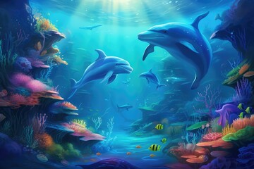 Fototapeta na wymiar eye catching ocean world backdrop with dolphin and corals