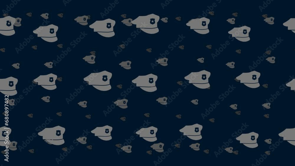 Poster police cap symbols float horizontally from left to right. parallax fly effect. floating symbols are 