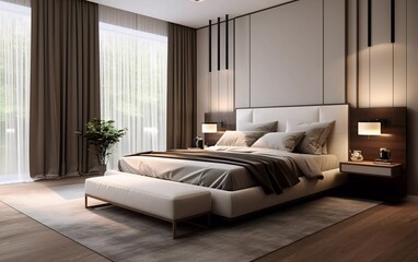 Realistic photo of a comfortable modern bedroom with elegant decoration. generative ai
