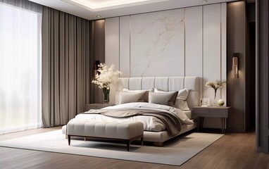 Realistic photo of a comfortable modern bedroom with elegant decoration. generative ai