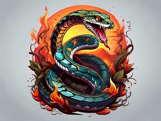 snake with fire effect, highly detailed, t-shirt design, detailed illustration, full color, digital illustration, white background, random style
