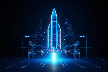 Neon Blue Rocket Blueprint Against Technology Background