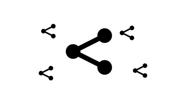 Zoom in and out animation the share symbol. Large black symbol in the center and four small symbols around. Seamless looped 4k animation on white background