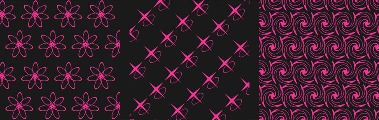 Y2k seamless patterns with shapes. Set of vector backgrounds in trendy retro trippy 2000s style. pink and color.