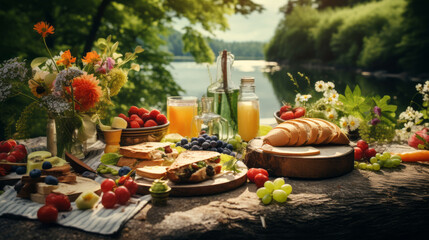 picnic with sandwiches and fruit on a wall by the river